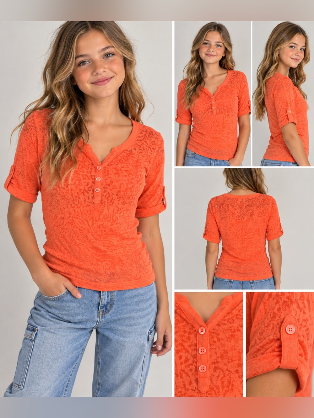 L.E.I. Life Energy Intelligence Girls Orange Y2K Inspired Henley Top Size L